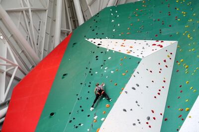 Abu Dhabi, United Arab Emirates - November 28th, 2019: Climber Sasha DiGiulian. Athletes and famous skydivers as well as climbers will be the first who experience the world's biggest indoor skydiving flight chamber and the world's tallest indoor climbing wall on the opening ceremony of the ultimate indoor adventure venue, Clymb. Thursday, November 28th, 2019. Yas Mall, Abu Dhabi. Chris Whiteoak / The National