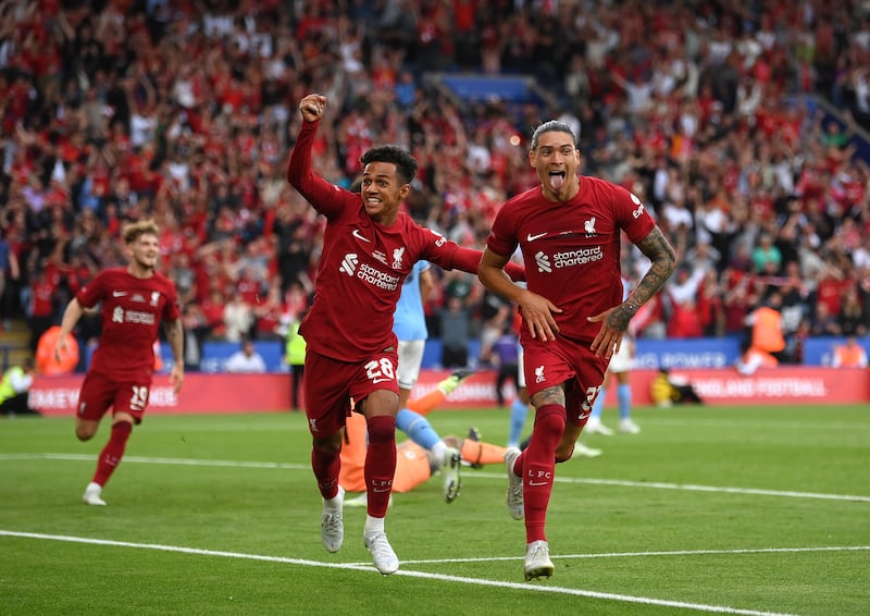 Liverpool's Darwin Nunez celebrates the third goal in their 3-1 Community Shield victory against Manchester City at The King Power Stadium on July 30, 2022 in Leicester. Getty