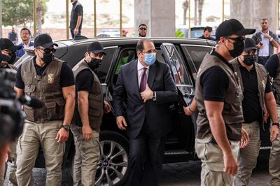 General Abbas Kamel (C), Egypt's intelligence chief, arrives for a meeting with leaders of Hamas in Gaza City on May 31, 2021.  / AFP / MAHMUD HAMS
