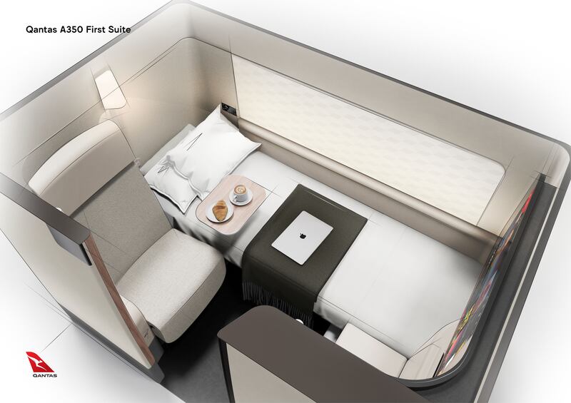 Qantas' A350-1000 jets will have six first-class suites with privacy doors, separate beds and personal wardrobes. All photos: Qantas