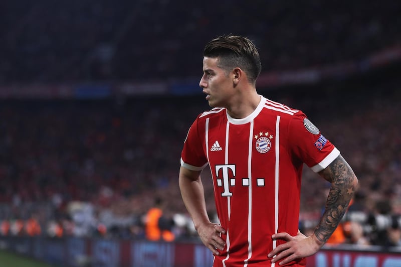MUNICH, GERMANY - APRIL 11: James Rodriguez of Muenchen reacts during the UEFA Champions League Quarter Final Second Leg match between FC Bayern Muenchen and Sevilla FC at Allianz Arena on April 11, 2018 in Munich, Germany.  (Photo by Alex Grimm/Bongarts/Getty Images)