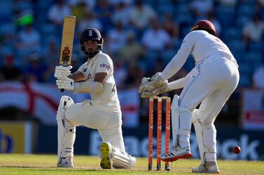 England's Saqib Mahmood plays a shot during day one of the third Test cricket match against West Indies at the National Cricket Stadium in St.  George, Grenada, Thursday, March 24, 2022.  (AP Photo / Ricardo Mazalan)