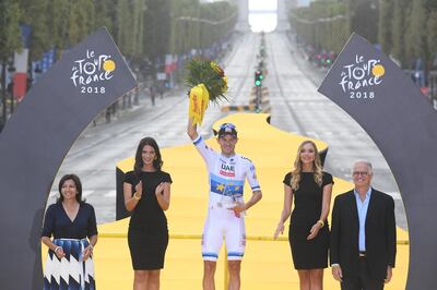 epa06917982 Stage winner UAE Team Emirates rider Alexander Kristoff on the podium after the 21st and final stage of the 105th edition of the Tour de France cycling race over 116km between Houilles and Paris, France, 29 July 2018.  EPA/STEPHANE MANTEY / POOL