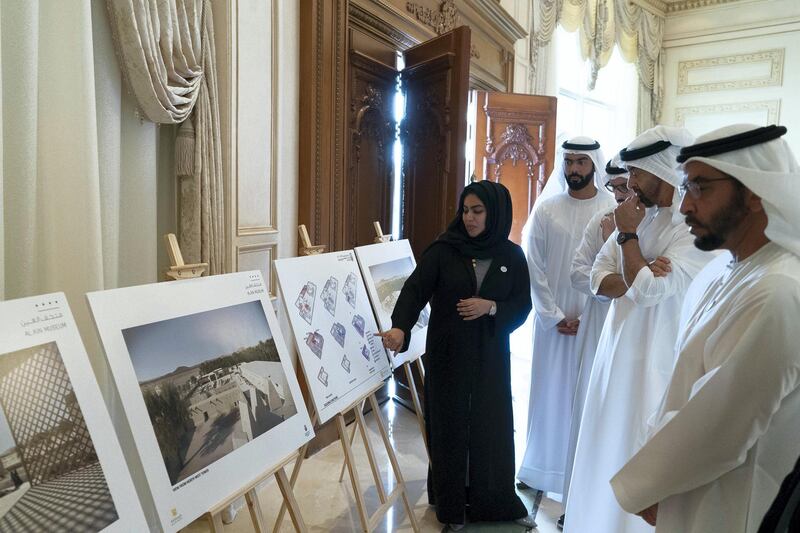 ABU DHABI, UNITED ARAB EMIRATES - October 29, 2018: HH Sheikh Mohamed bin Zayed Al Nahyan Crown Prince of Abu Dhabi Deputy Supreme Commander of the UAE Armed Forces (2nd R), views designs of the new Al Ain Museum, during a Sea Palace barza.��Seen with HH Sheikh Hamdan bin Zayed Al Nahyan, Ruler���s Representative in Al Dhafra Region (R), HE Mohamed Khalifa Al Mubarak, Chairman of the Department of Culture and Tourism and Abu Dhabi Executive Council Member (3rd R) and HE Saif Ghobash, Director General of Abu Dhabi Tourism and Culture Authority (4th R). 

(�� / Crown Prince Court - Abu Dhabi )
---