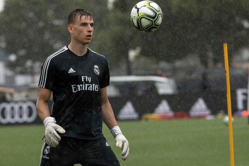 Real Madrid goalkeeper Andriy Lunin  trains at Florida International University in Miami. AP Photo