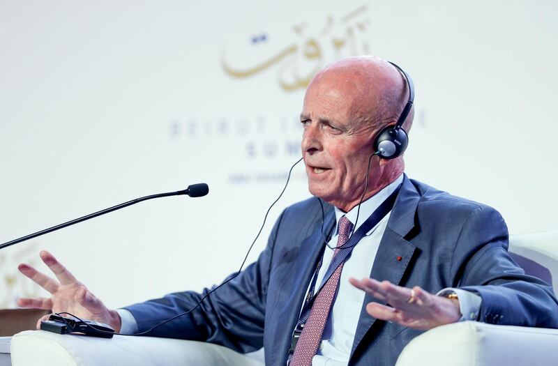 Abu Dhabi, United Arab Emirates, October 13, 2019.  
 Beirut Institute Summit at The St. Regis Abu Dhabi - Corniche. -- Address by Host Country
- Sir John Scarlett, ​Former Chief of the British Secret Intelligence Service during the panel discussion on Is America Firmly in the Lead or is it Delegating to Subcontractors?
Victor Besa / The National
Section:  NA
Reporter:  Dan Sanderson