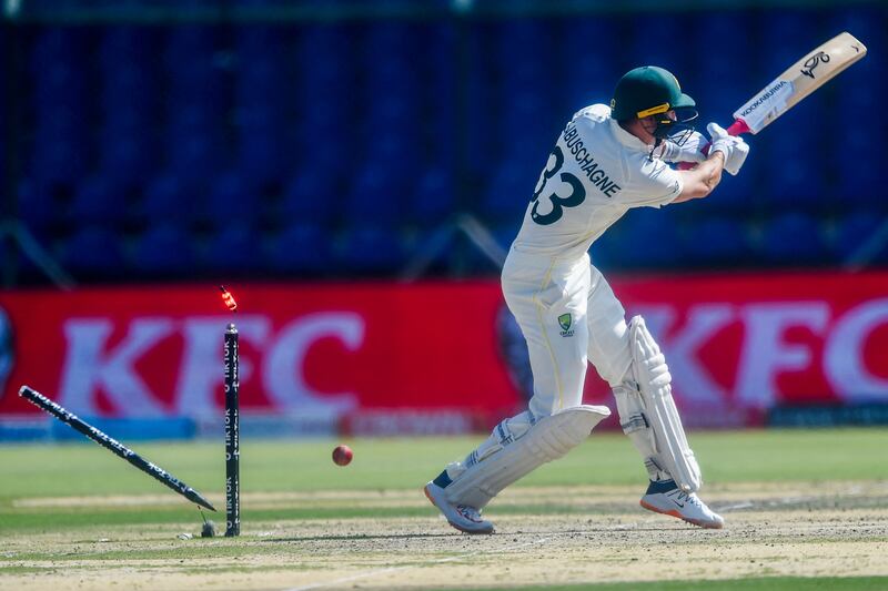 Australia batsman Marnus Labuschagne is clean bowled by Pakistan's Shaheen Shah Afridi  for 44. AFP