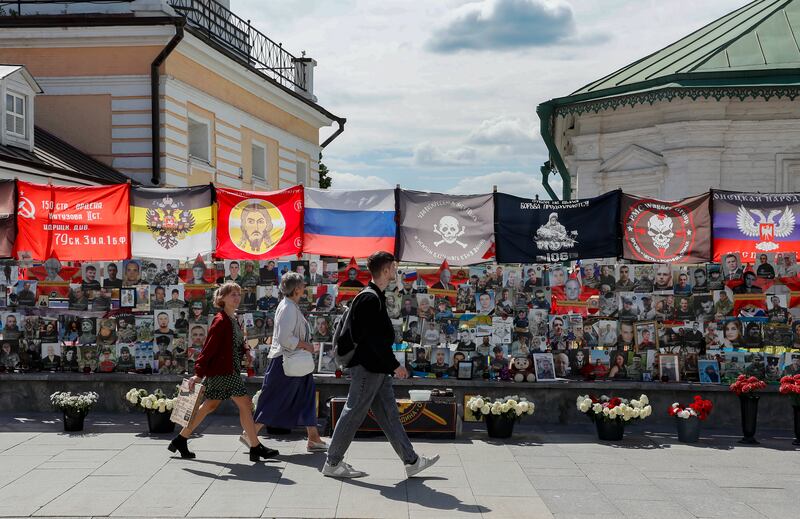 An informal Wagner Group memorial in central Moscow. One year ago, Yevgeny Prigozhin accused the Russian Defense Ministry of carrying out a missile strike on the group's rear positions and proclaimed a 'march of justice' to the capital. EPA