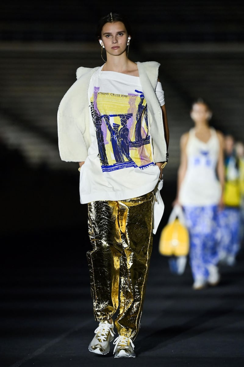 A model walks the runway during the Dior Cruise show 2022 at Panathenaic Stadium on June 17, 2021 in Athens, Greece. AFP