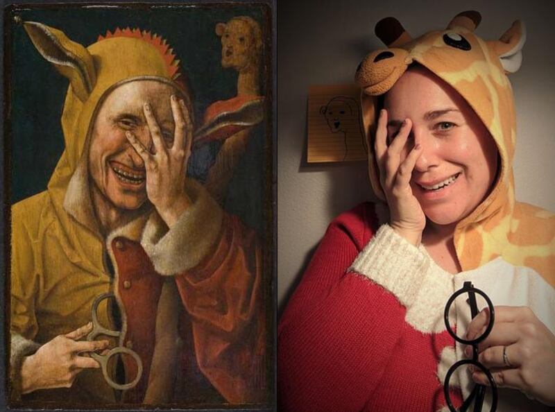 Tiffanie Pierini Ho dresses up in giraffe onesie and Christmas sweater to recreate the work 'Laughing Fool', attributed to Jacob Cornelisz van Oostsanen. Courtesy The Getty Museum / Tiffanie Pierini Ho  