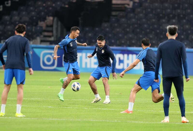 Al Ain's Matias Palacios and first leg hat-trick hero Soufine Rahimi train before the game in Riyadh.