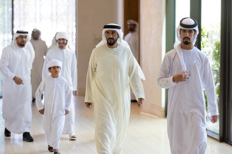 Sheikh Nahyan bin Zayed, Chairman of the Board of Trustees of Zayed bin Sultan Al Nahyan Charitable and Humanitarian Foundation, and Sheikh Mohammed bin Nahyan, attend condolences for the late Sheikh Tahnoon bin Mohammed, Ruler's Representative in Al Ain Region, at Al Mushrif Palace. Ryan Carter / UAE Presidential Court