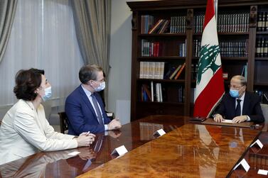 Lebanon's President Michel Aoun meets with Patrick Durel, President Emmanuel Macron's advisor for the Middle East and North Africa, at the presidential palace in Baabda, Lebanon November 12, 2020. Dalati Nohra HO via REUTERS