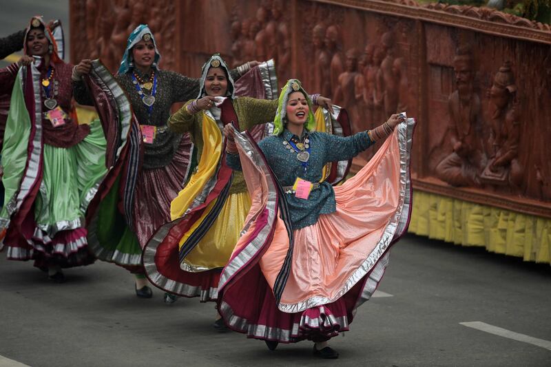 Dancers take part in the cultural parade on the newly refurbished 3km Kartavya Path. AFP