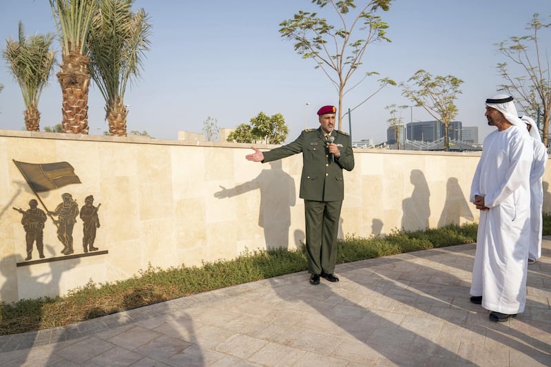 MAHWI, ABU DHABI, UNITED ARAB EMIRATES - September 04, 2019: HH Sheikh Mohamed bin Zayed Al Nahyan, Crown Prince of Abu Dhabi and Deputy Supreme Commander of the UAE Armed Forces (R), inaugurates the Presidential Guard Martyrs Park, at Mahwi Military Camp.

( Mohamed Al Hammadi / Ministry of Presidential Affairs )
---