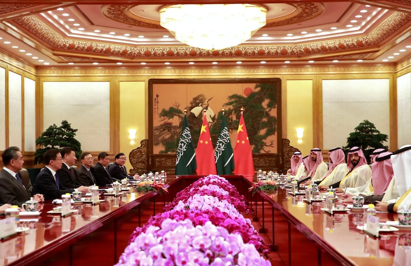 Prince Mohammad meets Mr Xi at the Great Hall of the People in Beijing, in February 2019.