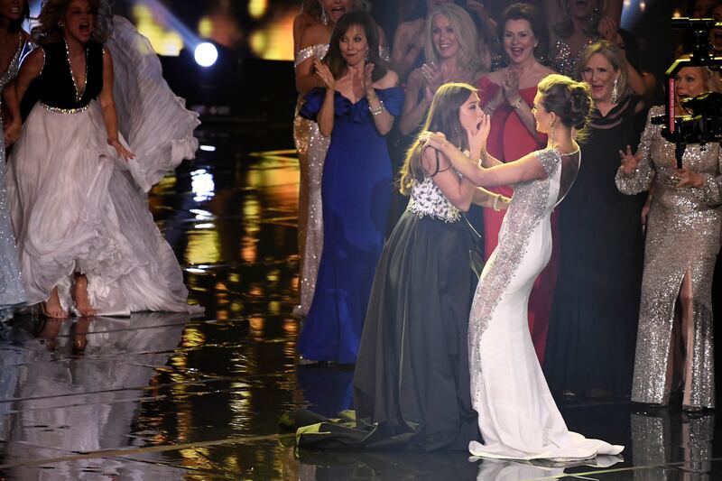 Miss Alaska Emma Broyles, front left, reacts as she is announced as the winner. AP Photo