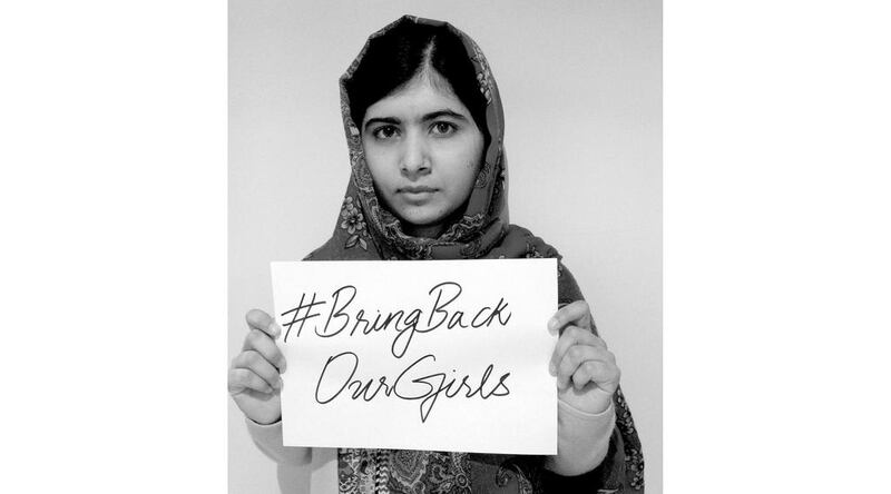 Pakistani activist Malala Yousafzai supporting a social media campaign over the abduction of 276 schoolgirls in Nigeria last month, flooding social media with posts using the hashtag: #BringBackOurGirls. Courtesy EPA.