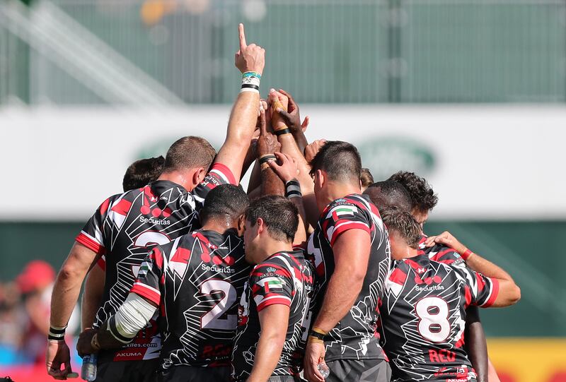 Dubai Exiles celebrate beating Dubai Tigers in the final of the Men's Gulf League at the 2021 Emirates Dubai Sevens. All photos by Chris Whiteoak/ The National