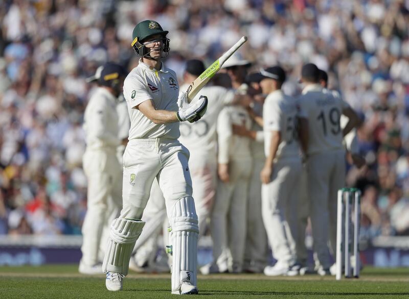 Australia's captain Tim Paine after being trapped lbw by England spinner Jack Leach. AP