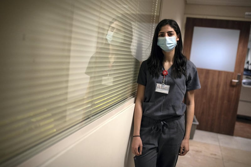 ©2021 Tom Nicholson. 18/01/2021. Beirut, Lebanon. Tatiana Chahine, a nurse at the Coronavirus intensive care unit at the American University of Beirut (AUB) Hospital poses for a portrait. Deaths from Coronavirus in Lebanon reached a peak high of 53 today. Photo credit : Tom Nicholson