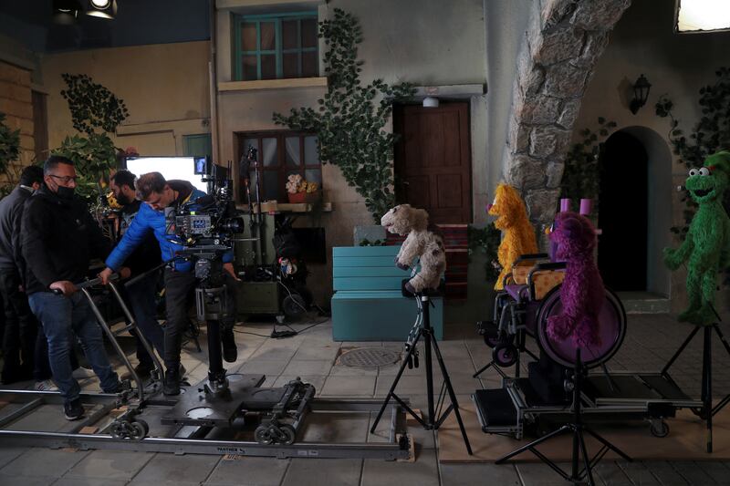 The crew on the set of 'Ahlan Simsim'.