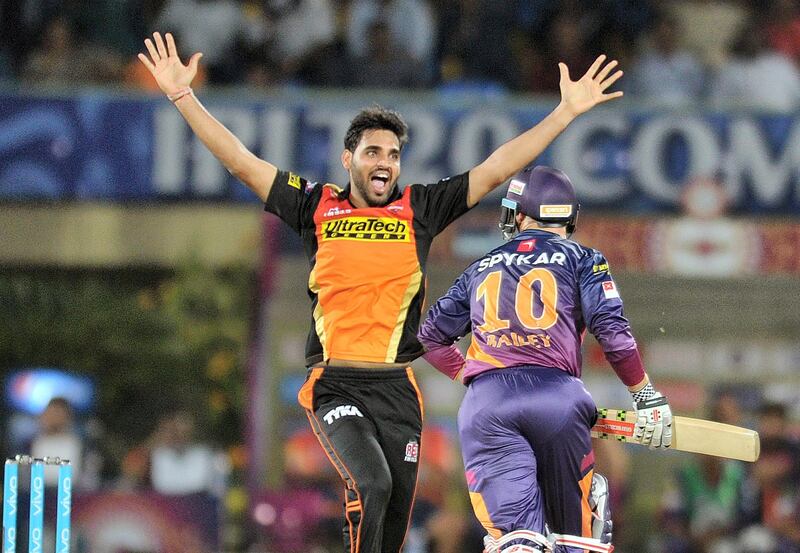 Sunrisers Hyderabad bowler Bhuvneshwar Kumar unsuccesfully appeals during the 2016 Indian Premier League (IPL) Twenty20 cricket match between Rising Pune Supergiants and Sunrisers Hyderabad at Dr. Y.S. Rajasekhara Reddy ACA-VDCA Cricket Stadium in Visakhapatnam on May 10, 2016. ----IMAGE RESTRICTED TO EDITORIAL USE - STRICTLY NO COMMERCIAL USE----- (Photo by NOAH SEELAM / AFP) / ----IMAGE RESTRICTED TO EDITORIAL USE - STRICTLY NO COMMERCIAL USE----- / GETTYOUT