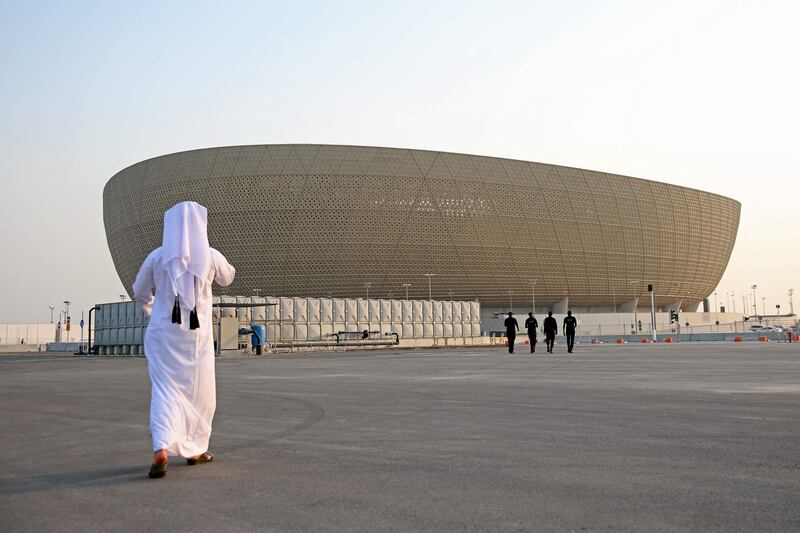 A general view show the Lusail Stadium, the 80,000-capacity venue which will host the FIFA World Cup final in December, on the outskirts of Qatar's capital Doha on August 11, 2022.  - The first official match at the Lusail stadium that is to host this year's World Cup final will be held today between Al Rayyan and Al Arabi.  (Photo by MUSTAFA ABUMUNES  /  AFP)