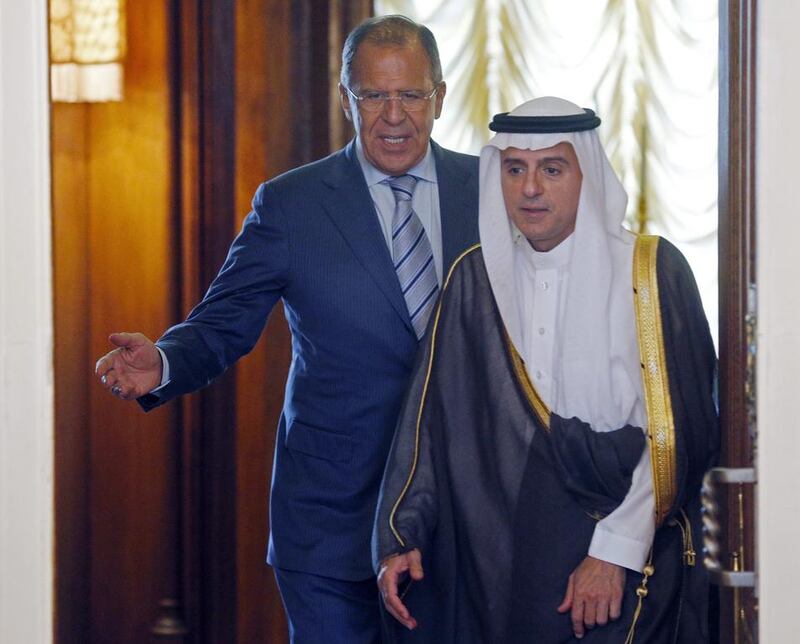 Russian foreign minister Sergei Lavrov (L) welcomes Saudi Arabia's foreign minister, Adel Al Jubeir, during their meeting in Moscow on August 11, 2015. Sergei Chirikov/EPA