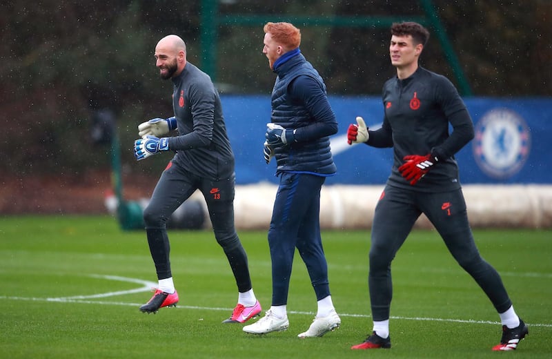 Chelsea goalkeepers Willy Caballero (left) and Kepa Arrizabalaga (right) during a training session at Cobham. PA