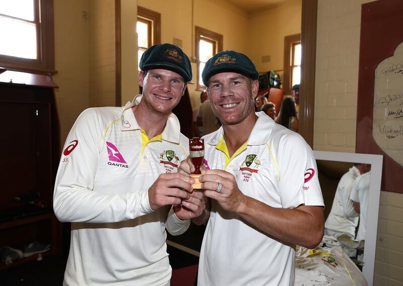 SYDNEY, AUSTRALIA - JANUARY 08:  Steve Smith and David Warner of Australia celebrate with the Ashes Urn in the change rooms during day five  of the Fifth Test match in the 2017/18 Ashes Series between Australia and England at Sydney Cricket Ground on January 8, 2018 in Sydney, Australia.  (Photo by Ryan Pierse/Getty Images)