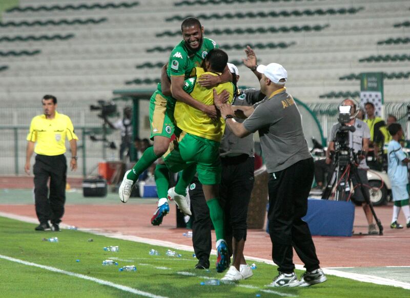 Dubai, United Arab Emirates - April 15, 2013.  Al Shabab in jubilation as they trounced Al Jazira 5 to 1, for the Etisalat Pro League.  ( Jeffrey E Biteng / The National )