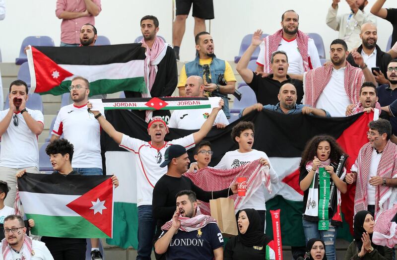 AL AIN , UNITED ARAB EMIRATES , January 10 – 2019 :- Fans of Jordan during the AFC Asian Cup UAE 2019 football match between Jordan vs Syria held at Sheikh Khalifa International Stadium in Al Ain. ( Pawan Singh / The National ) For News/Sports/Instagram/Big Picture