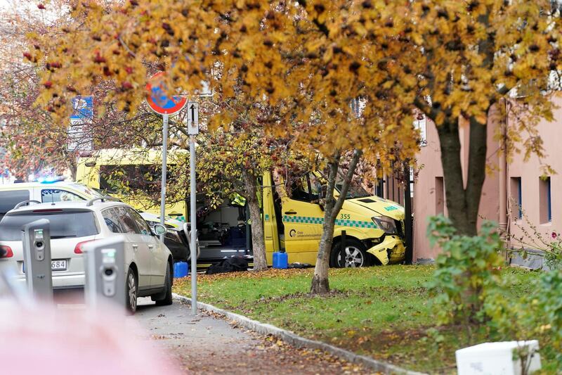 A damaged ambulance stands next to a building after an armed man who stole the vehicle was apprehended by police in Oslo, Norway, October 22, 2019. NTB Scanpix/Stian Lysberg Solum via REUTERS   ATTENTION EDITORS - THIS IMAGE WAS PROVIDED BY A THIRD PARTY. NORWAY OUT. NO COMMERCIAL OR EDITORIAL SALES IN NORWAY.