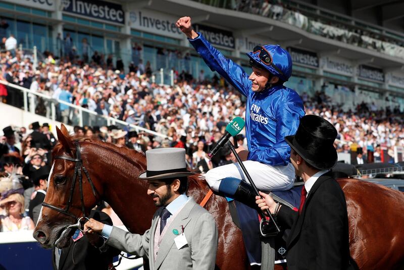 Horse Racing - Derby Festival - Epsom Downs Racecourse, Epsom, Britain - June 2, 2018   William Buick celebrates on Masar after winning the 4.30 Investec Derby   Action Images via Reuters/Andrew Boyers