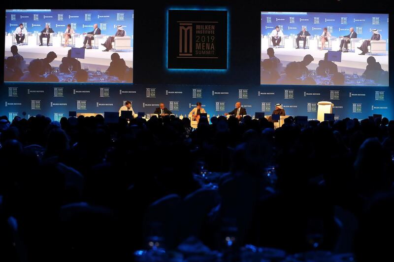ABU DHABI , UNITED ARAB EMIRATES , February 12 – 2019 :- Left to Right - Frank Luntz , Luntz Global , Naguib Sawiris, Executive Chairman, Orascom Investment Holding , Moderator Becky Anderson, Anchor and Managing Editor, CNN Abu Dhabi
, Thomas Barrack , Colony Capital, Inc. and  Mohamed Alabbar, Founder and Chairman, Emaar Properties during the Milken Institute MENA Summit 2019 held at The St. Regis Saadiyat Island Resort in Abu Dhabi.  ( Pawan Singh / The National ) For News/Business/Instagram. Story by Dania 
