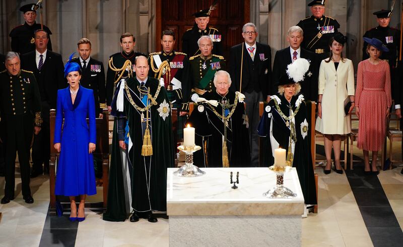 Catherine, Princess of Wales, Prince William, King Charles and Queen Camilla during the National Service of Thanksgiving and Dedication at St Giles' Cathedral in Edinburgh, in July 2023