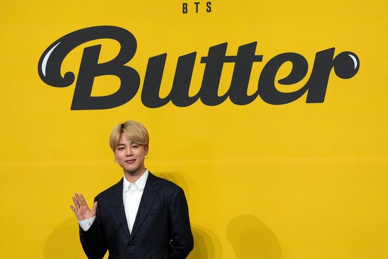 Jimin, a member of K-pop band BTS, at the launch of new digital single album 'Butter' in Seoul, South Korea, May 21, 2021. Reuters