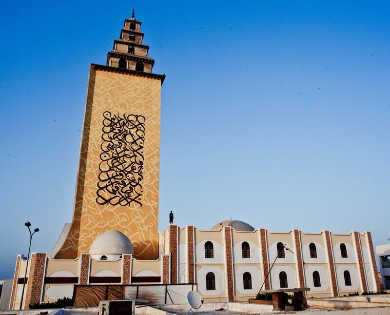 eL Seed became well known in 2012 when he painted the minaret tower of a mosque in the town of Gabès. For the project, which was supported by Sharjah’s Barjeel Foundation, he chose a verse from the Quran and painted in his own style of distinctive calligraffiti.