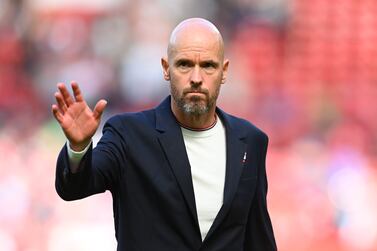 MANCHESTER, ENGLAND - AUGUST 07: Manchester United manager Erik ten Hag looks on during the Premier League match between Manchester United and Brighton & Hove Albion at Old Trafford on August 07, 2022 in Manchester, England. (Photo by Michael Regan / Getty Images)