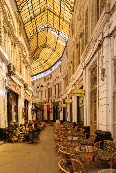 Romania, Bucharest, Lipscani, Old Town, Pasaj Macca-Villacrosse, old arcade interior