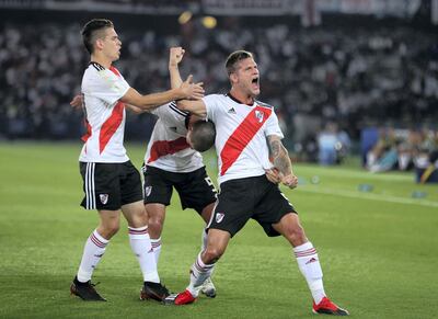 Abu Dhabi, United Arab Emirates - December 22, 2018: River Plate's Bruno Zuculini scores during the match between River Plate and Kashima Antlers at the Fifa Club World Cup 3rd/4th place playoff. Saturday the 22nd of December 2018 at the Zayed Sports City Stadium, Abu Dhabi. Chris Whiteoak / The National