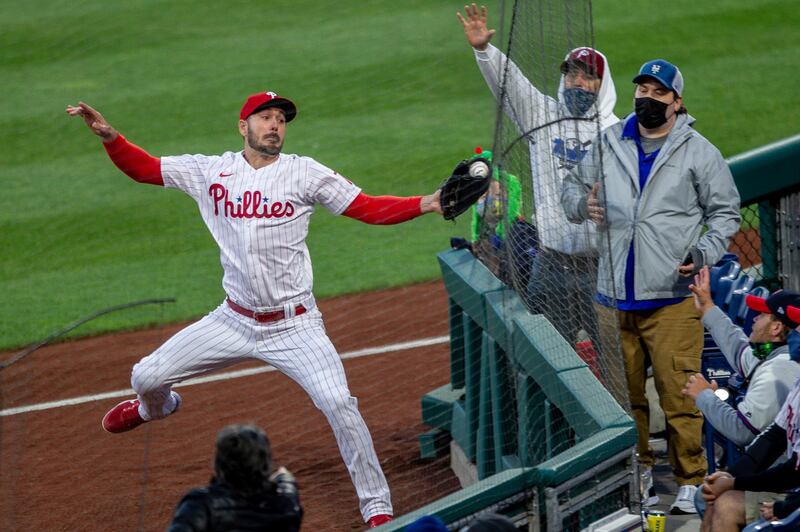 Philadelphia Phillies right fielder Matt Joyce catches a fly ball from New York Mets' James McCann during the MLB game at Citizens Bank Park, on Friday, April 30. Phillies won the game 2-1. AP