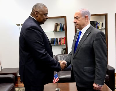 US Secretary of Defense Lloyd Austin (L) meets Israeli Prime Minister Benjamin Netanyahu at the Kirya military base in Tel Aviv, Israel. EPA