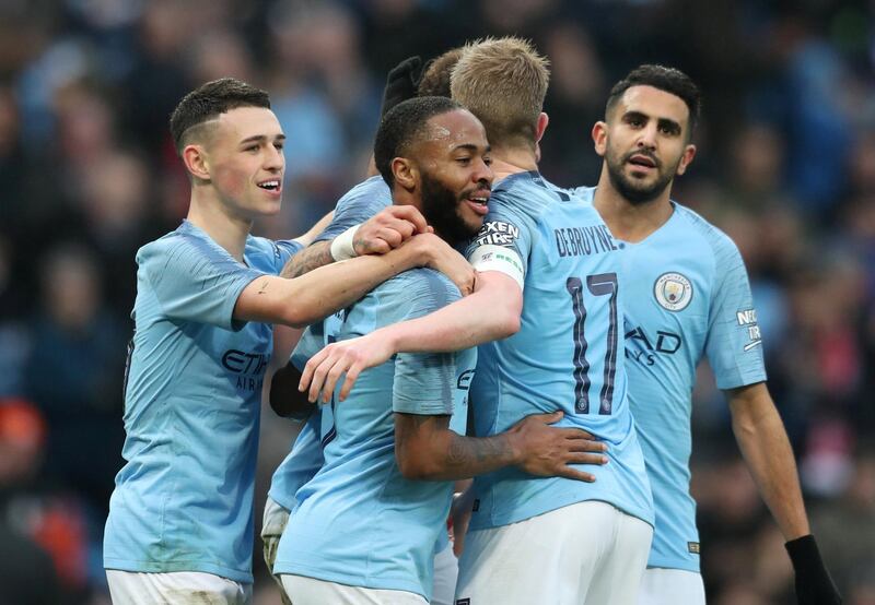 Soccer Football - FA Cup Third Round - Manchester City v Rotherham United - Etihad Stadium, Manchester, Britain - January 6, 2019  Manchester City's Raheem Sterling celebrates with team mates after Rotherham United's Semi Ajayi (not pictured) scores an own goal for their third goal   REUTERS/Jon Super