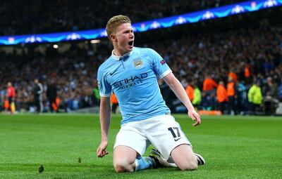MANCHESTER, UNITED KINGDOM - APRIL 12:  Kevin de Bruyne of Manchester City celebrates as he scores their first goal during the UEFA Champions League quarter final second leg match between Manchester City FC and Paris Saint-Germain at the Etihad Stadium on April 12, 2016 in Manchester, United Kingdom.  (Photo by Alex Livesey/Getty Images)