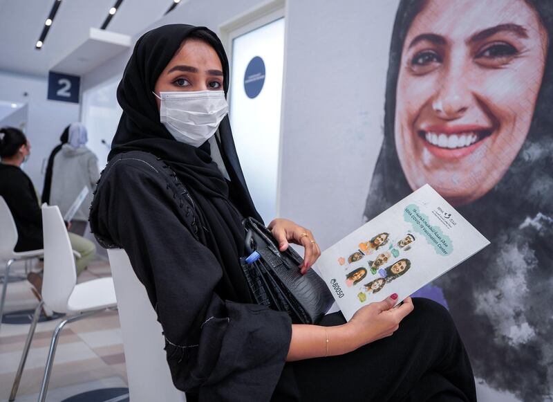 Abu Dhabi, United Arab Emirates, January 12, 2021. SEHA Vaccination Centre at the Abu Dhabi Cruise Terminal area. --  Shaikha Al Dheiri waiting to get vaccinated.Victor Besa/The NationalSection:  NAReporter:  Shireena Al Nowais