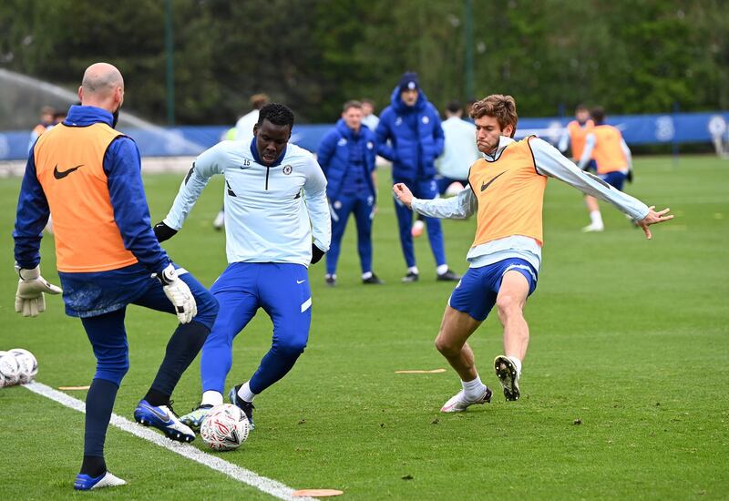 COBHAM, ENGLAND - MAY 14:  Kurt Zouma and Marcos Alonso of Chelsea during a training session at Chelsea Training Ground on May 14, 2021 in Cobham, England. (Photo by Darren Walsh/Chelsea FC via Getty Images)
