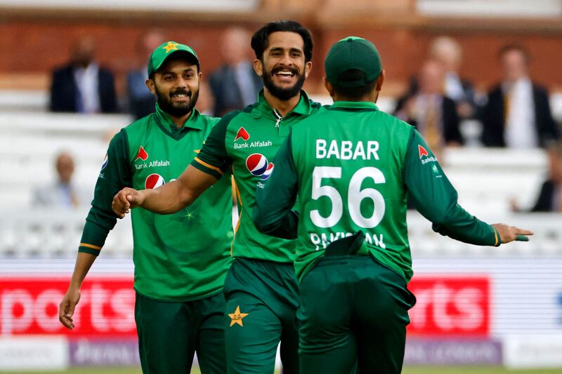 Hasan Ali, centre, has lost his spot in the Pakistan team. AFP