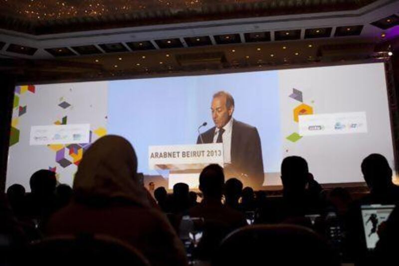 Fadi Salem speaks at the Arabnet conference in Beirut, Lebanon.
